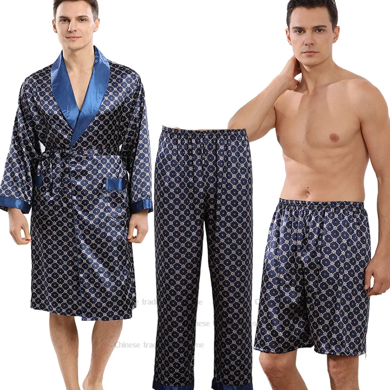 Männliche Robe Hosen Pyjama Set PLUS GRÖßE 4XL 5XL Nachtwäsche Marineblau Bademantel Shorts Anzug Kimono Langarm Hause Kleidung Outfit Image