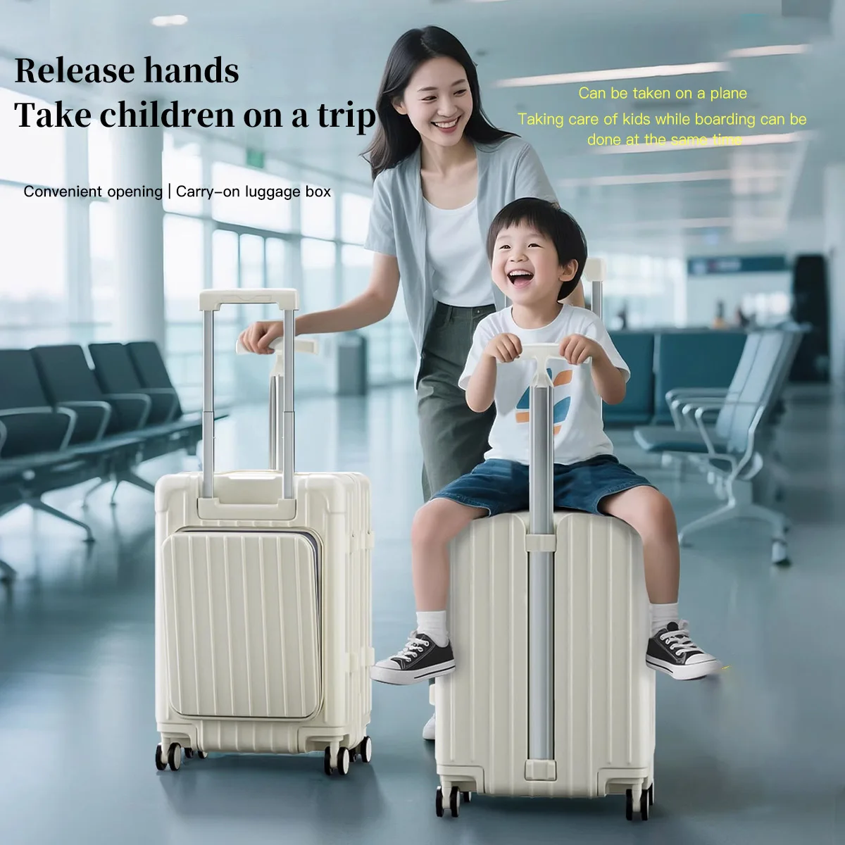 Mamas 20-Zoll-Koffer mit Kindersitz für Jungen und Mädchen, geeignet zum Gassi gehen mit dem Baby, für Familienreisen und als Handgepäck-Rollkoffer. Image
