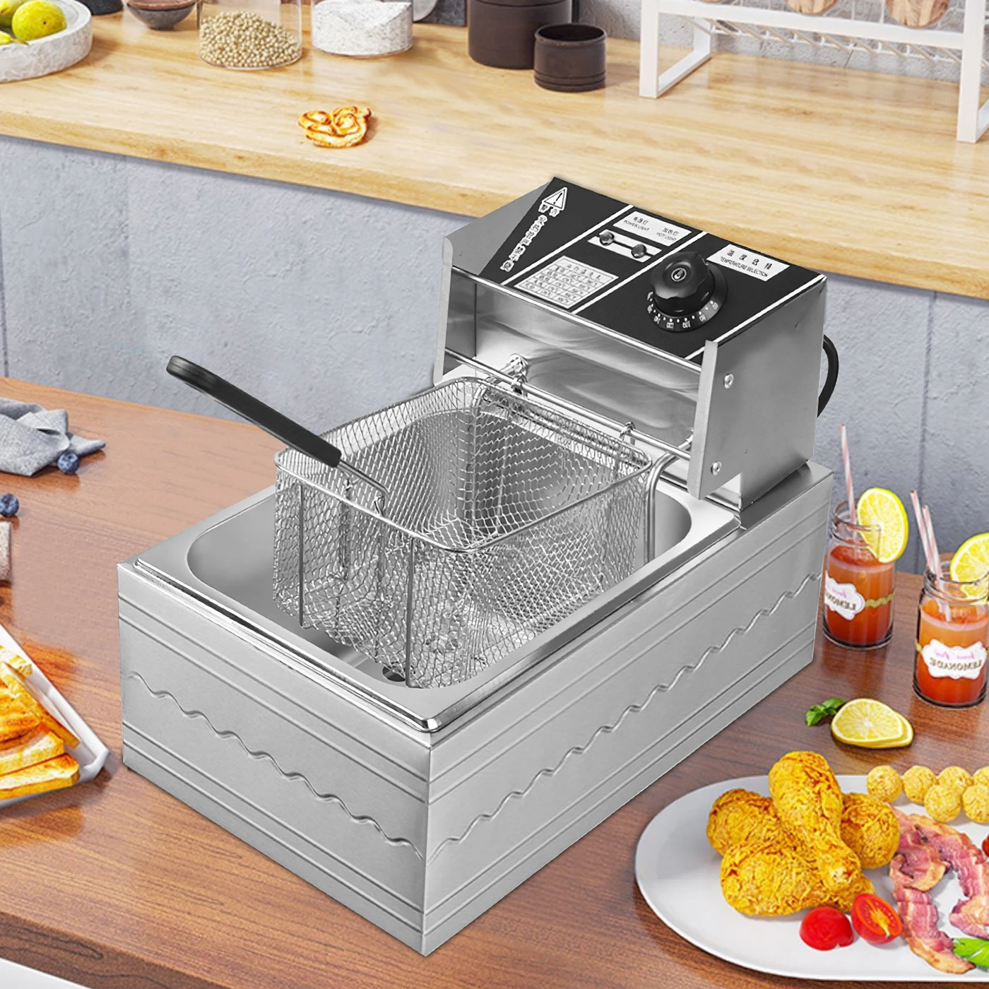 6L 2500W Elektrische Fritteuse mit Ölablassvorrichtung, Kommerzielle Edelstahl-Fritteuse für Pommes Frites, Hähnchen, Haushalt Image