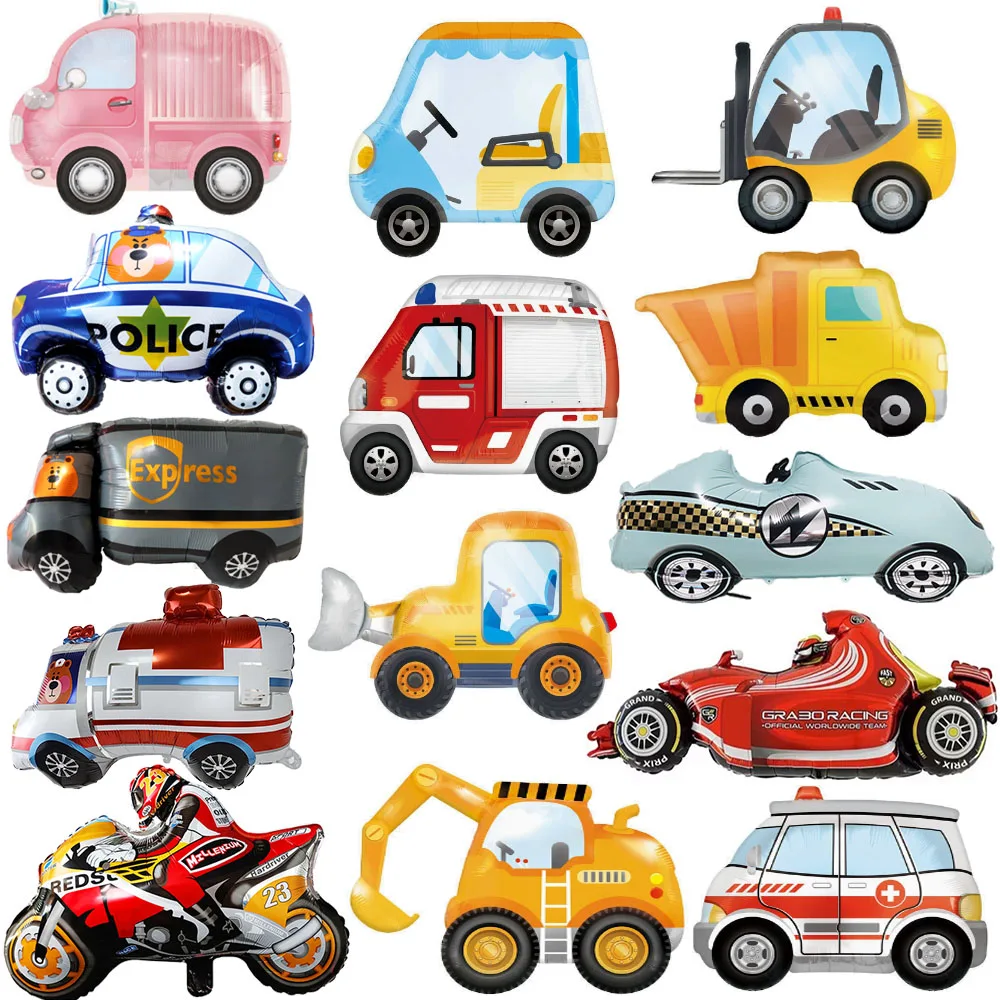 1 Stück großer Transportballon, Rennballon, Feuerwehrauto, Krankenwagen, Schulbus, Bagger, Motorradballon für Jungen, Geburtstag Image