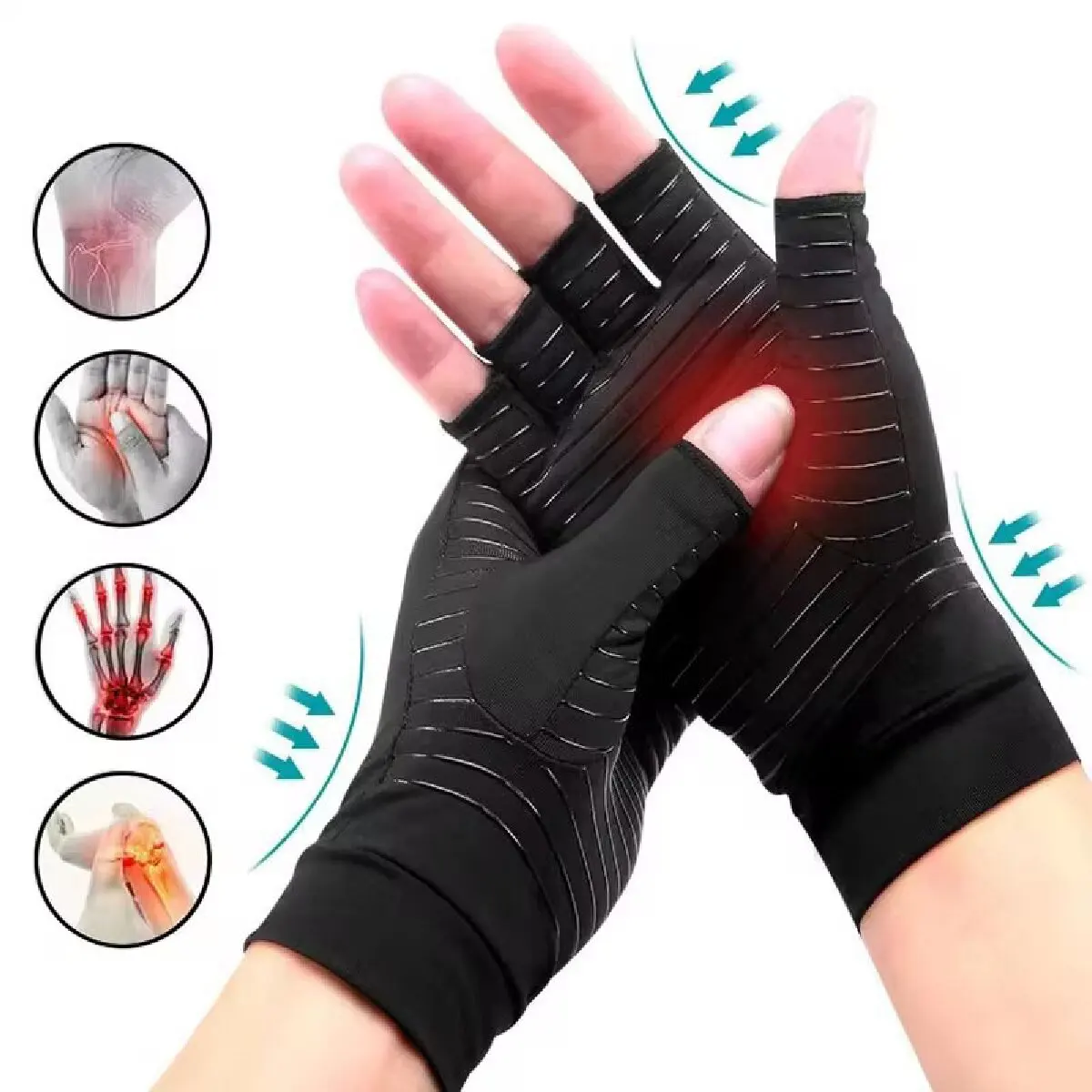 Kupfer-Kompressions-Arthritis-Handschuhe, beste mit Kupfer angereicherte fingerlose Handschuhe, Heilung für Arthritis, Schmerzlinderung, Karpaltunnelschmerzen Image