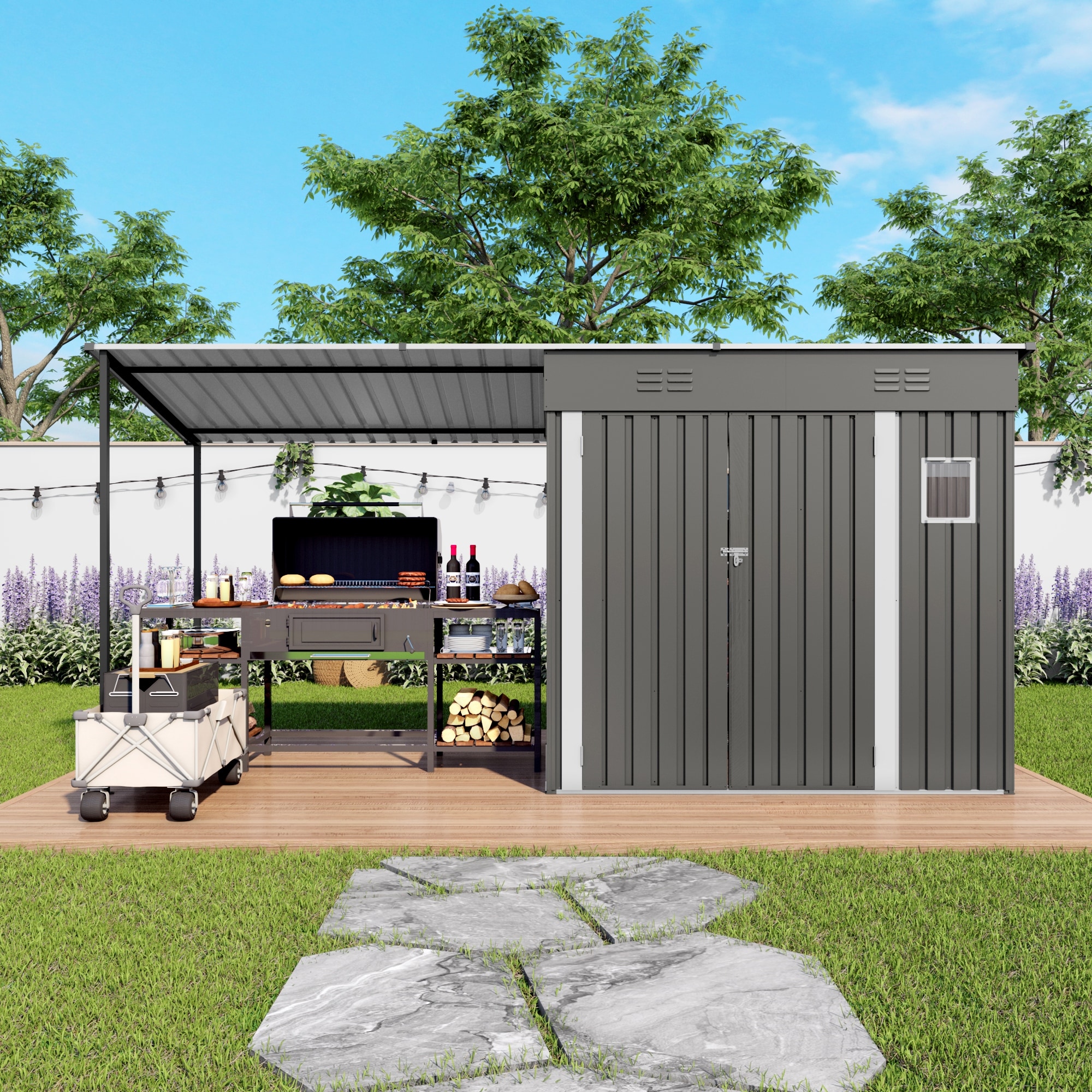 12x4ft Metal Lean to Shed with Open-Sided Pergola,4'x6' Outdoor Storage Shed & 6'x4' Attached Hardtop Gazebo Combo,2-in-1 Sheds