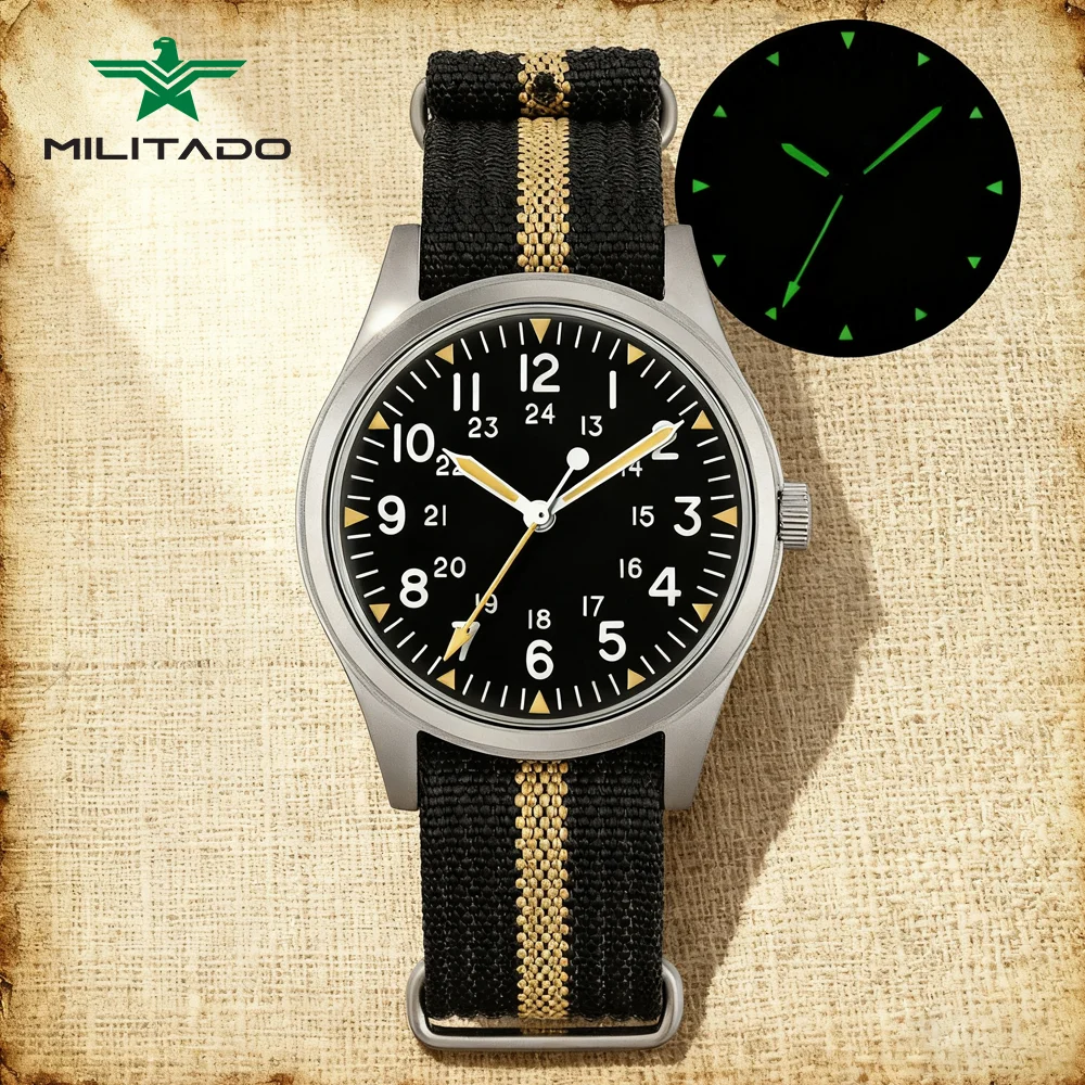 Militado ML07 Vintage Quarzuhren Miyota Super 2035 Uhrwerk Saphir oder K1 leuchtende 36 mm wasserdichte Felduhren Mann Geschenke Image
