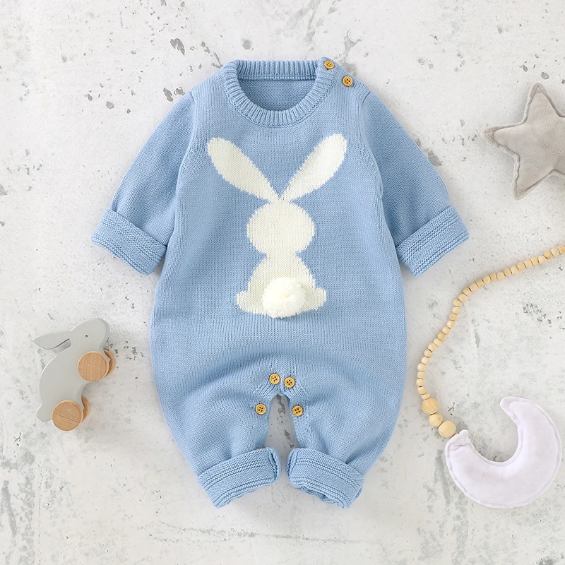 Niedlichen Kaninchen Gestrickte Baby Strampler Kleidung Frühling Herbst Rundhals Lange Ärmel Neugeborenen Jungen Mädchen Ostern Overalls Outfits 0-18m Image