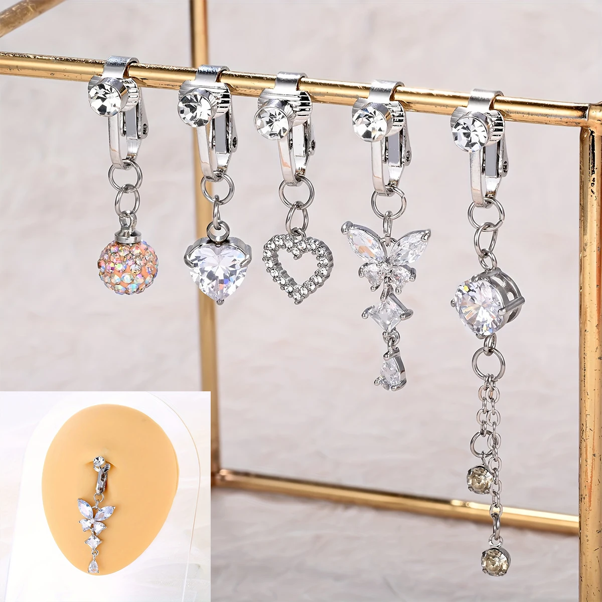 5 Stück Strass Herz Schmetterling baumeln nicht durchdringend Edelstahl Nabel Clips, gefälschte Bauchnabel Ringe, Nabel Schmuck für Männer Image