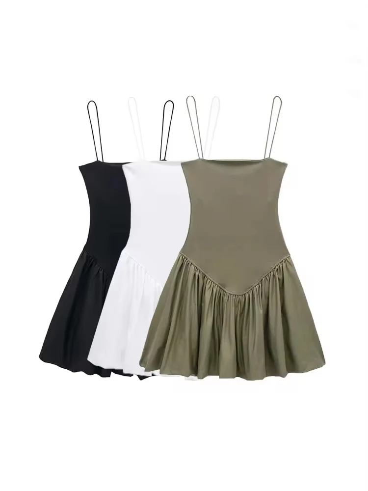 Damen-Patchwork-Minikleid aus geripptem Popeline, Puffärmel, gerader Ausschnitt, dünne Träger, Damenkleider, sexy Mode