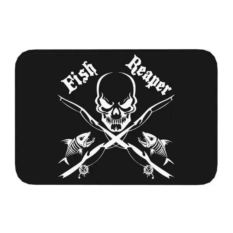 Edgy Fishing Themed Fußmatte, rutschfester Bodenteppich mit Fish Reaper-Schädelmuster für Angelliebhaber, die im Punk-Stil mögen Image