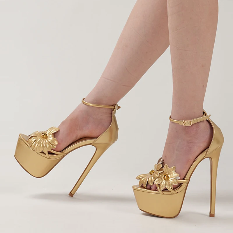 Liyke Frauen Sexy 16CM Gold Sandalen Mode Metall Dekoration Sonnenblumen Peep Toe Plattform High Heels Hochzeit Bankett Kleid Schuhe