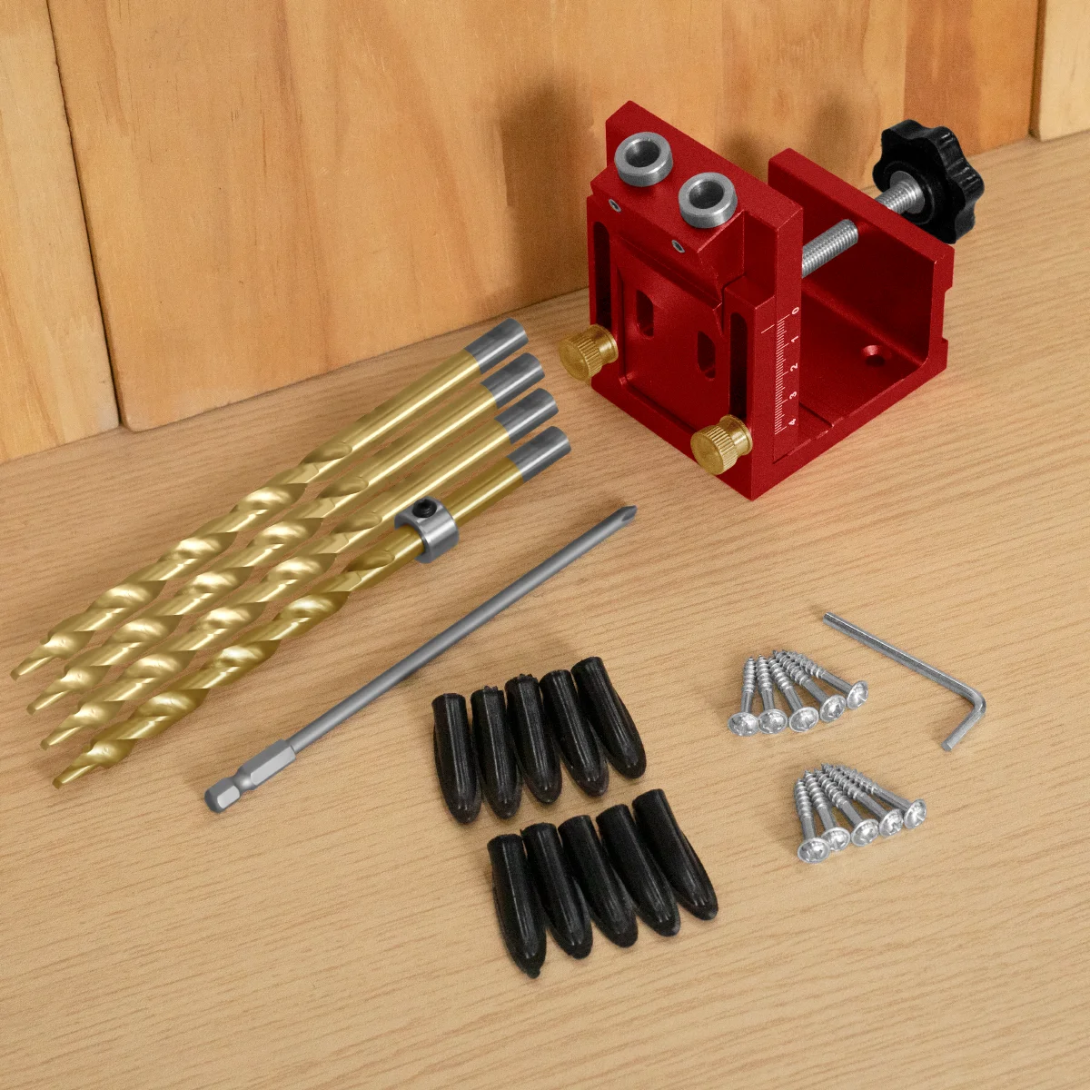 Verbessertes Taschenloch-Bohrvorrichtungs-Set, verstellbare, professionelle, präzise Bohrvorrichtung für Taschenschrauben, 15 ° Winkelbohrer-Holzbearbeitungspositionierer Image