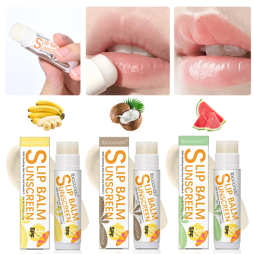 1 Stück Sonnenschutz-Lippenbalsam LSF 30 UVA-Schutz Lippen Feuchtigkeitscreme Wassermelone Kokosnuss Bananengeschmack Farbloser Lippenstift Sonnenpflege