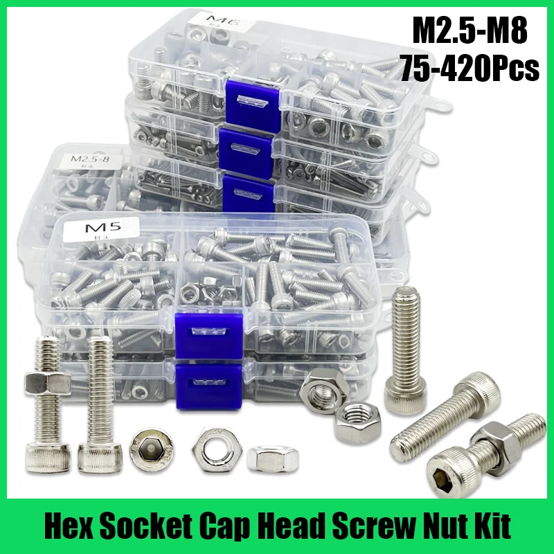 Innensechskant-Innensechskantschrauben- und Muttern-Set aus Edelstahl 304, M2, M2,5, M3, M4, M5, M6, M8, Sechskantschrauben-Set Image