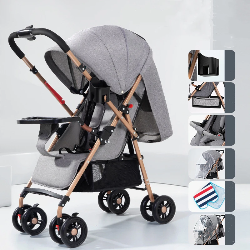 Can Sit and Lie in Both NEW Flagship One-handed Folding Portable Baby Stroller High Landscape Directions to Promote the Baby Image