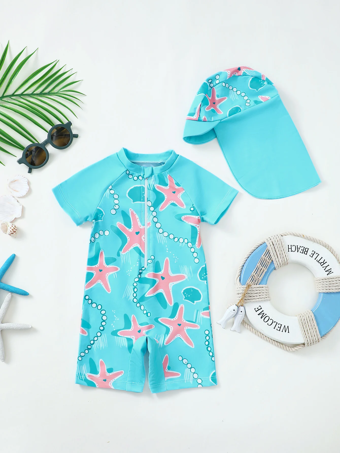 Baby Kleinkind Seestern und Ozean Print Onesie Badeanzug mit Hut Säugling Bademode Set Image