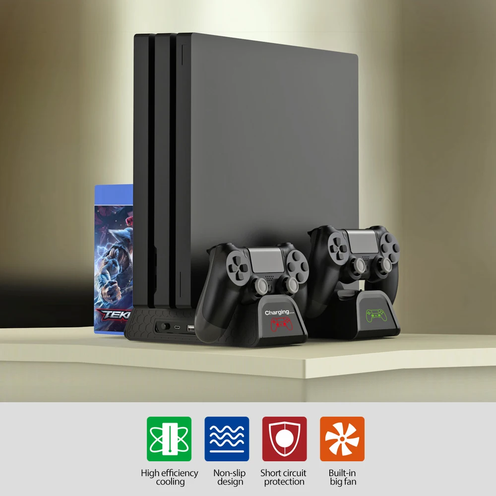 PS4-Ständer mit Lüfter für PS4/PS4 Slim/PS4 Pro, für Playstation 4-Kühlstation mit PS4-Controller-Ladegerät und 12-Spielen Image