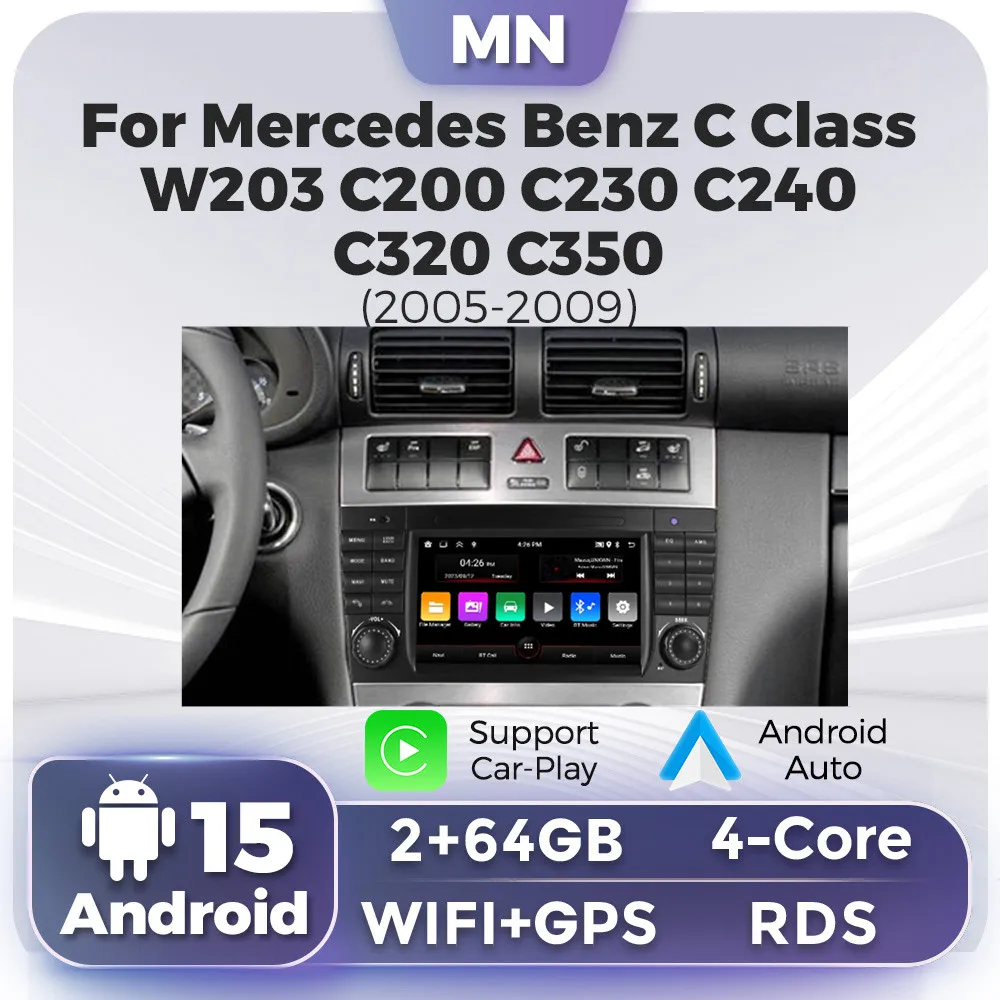 2+64G Android 15 für Mercedes Benz C-Klasse W203 CLC W203 2004-2007 Autoradio Multimedia-Player GPS 7-Zoll-Bildschirm Carplay Auto-Stereoanlage Image