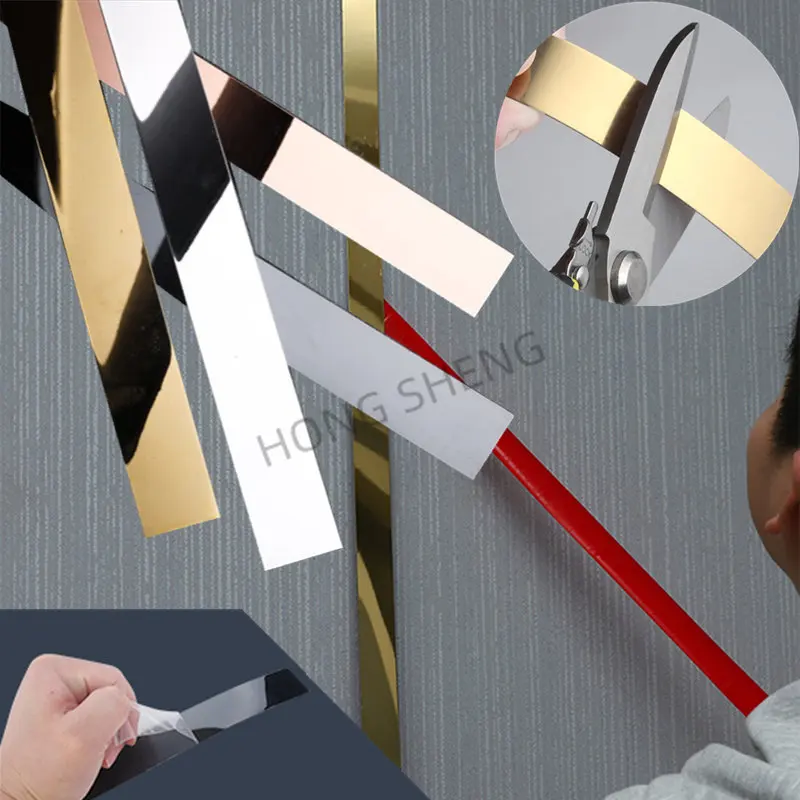 3M flache dekorative Linie aus Edelstahl, selbstklebender Möbel-Wandaufkleber für Wand, Decke, Kantenstreifen, Wohnzimmer-Dekoration Image