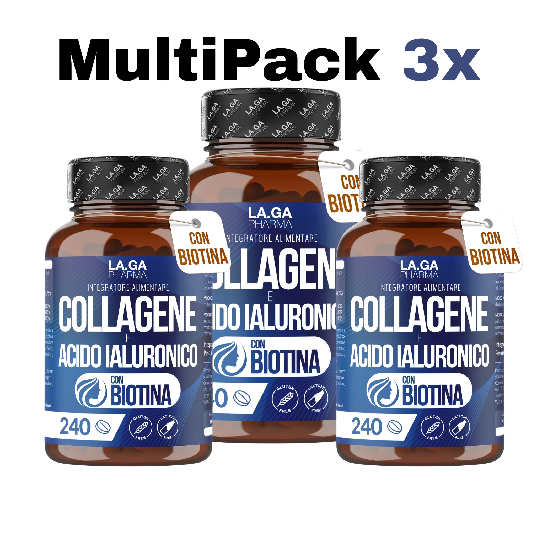 [3-TEILIGES PROMO-SET] Kollagen und Hyaluronsäure mit BIOTIN für Haare, Haut, Nägel und Gelenke. Hydrolysiertes Kollagen 240 Tabletten 2000 MG mit Zink, CoQ10 und Vit. C + E für Knochen und starke Zelte. Hergestellt in Italien | LAGA Pharma. LAGA... Image