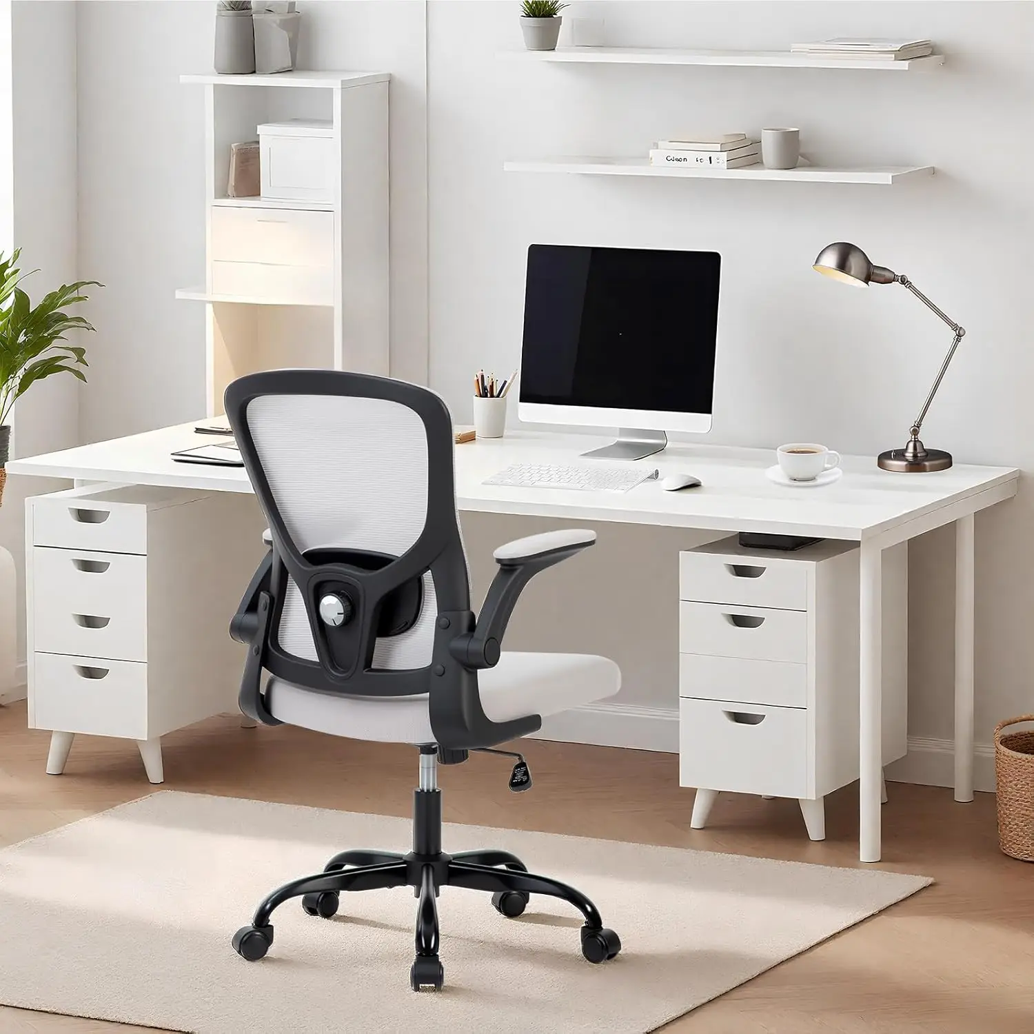 Ergonomischer Bürostuhl 350lbs: Hochlehniger Computer-Schreibtischstuhl mit Rollen, Netzstuhl mit verstellbarer Lendenwirbelstütze, hochklappbaren Armlehnen und Neigungsverriegelung, bequeme gepolsterte Sitzmöbel für Home-Office und Arbeitszimmer, Grau