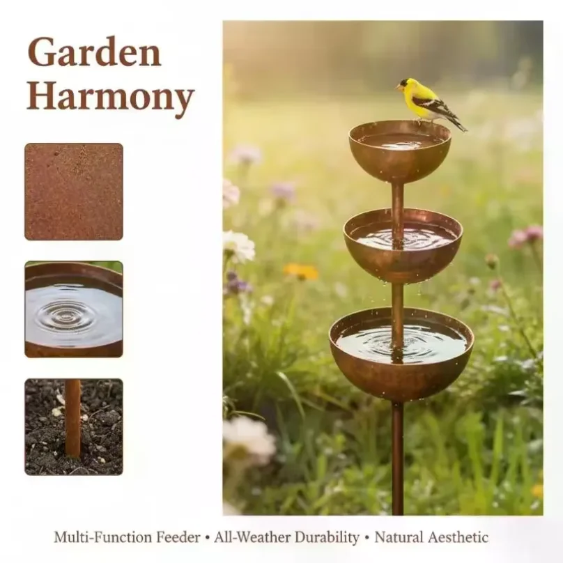 Support de Plantes en Métal, Ornement de Jardin, Piquet de Jardin avec 3 Bols d'Eau à 3 Niveaux, Abreuvoir/Bain pour Abeilles et Oiseaux, Décoration Extérieure pour Jardin et Patio