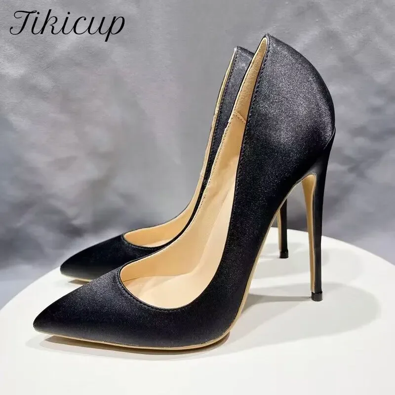 Tikicup Damen-Schuhe aus schwarzem Seidensatin mit spitzem Zehenbereich und hohem Absatz, elegante Damen-Slip-On-Stiletto-Pumps für Partykleid-Schuhe, Größe 33–46