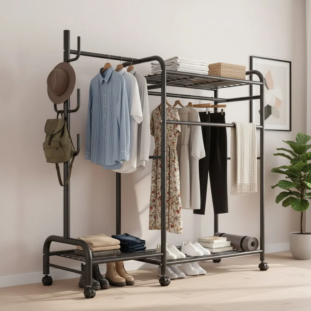 Robuster 3-stöckiger Kleiderständer mit Doppel-Aufhängestangen & Schuhregal, Kleiderorganizer auf Rollen, Offener Kleiderschrank für Zuhause und Schlafzimmer