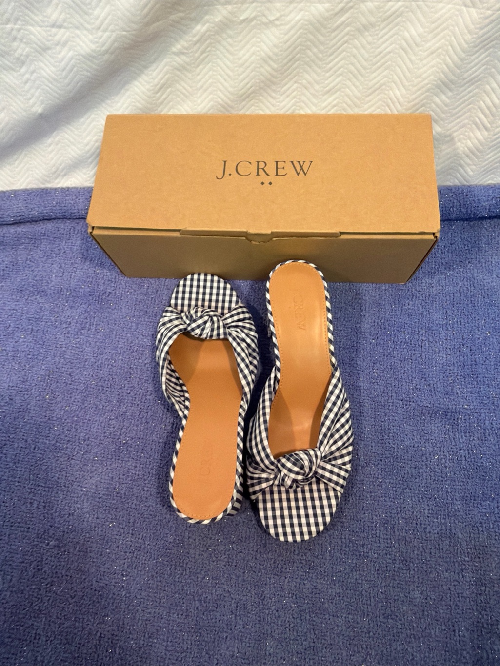 J. Crew Shoes | Brand New In Box J Crew Women’s Knotted Blue & White Checked Heeled Shoes Size 7 | Color: Blue/White | Size: 7