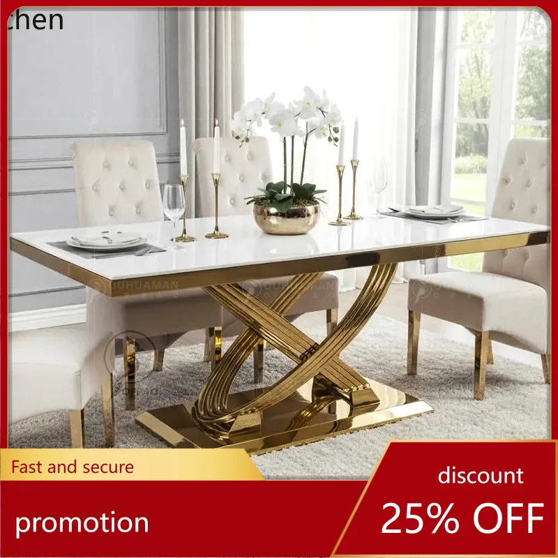 HT Hochwertiges Edelstahl-Titan-Gold Marmor Esstisch- und Stuhl-Set für Zuhause und Restaurant Rechteckiger Esstisch