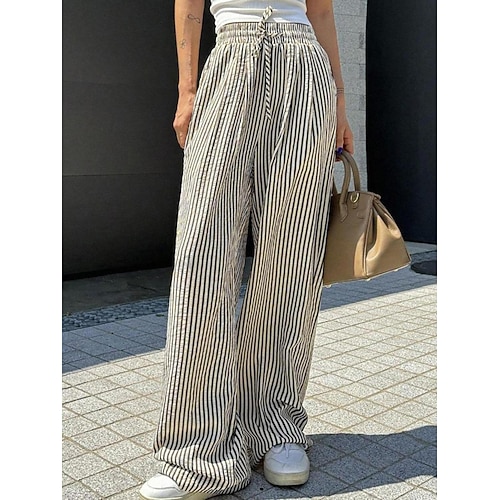 Damen Weites Bein Freizeithose Urlaub Streetwear Volle Länge Mittlere Taille Einfach Gestreift Tasche Elastischer Bund Gestreift Komfort Bequem Unelastisch Täglich Büro Urlaub Blau Schwarz Grün Image