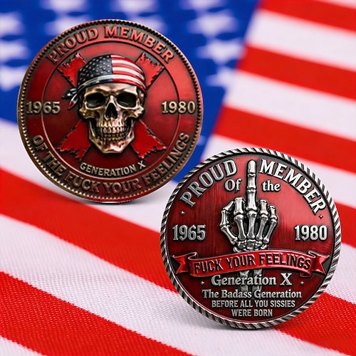 Generation X Challenge Coin – die coole Sammlermünze (1965–1980) mit Totenkopf-Motiv im Militärstil – ein witziges Sammlerstück für Männer – ein originelles Geschenk im Retro-Look. Image