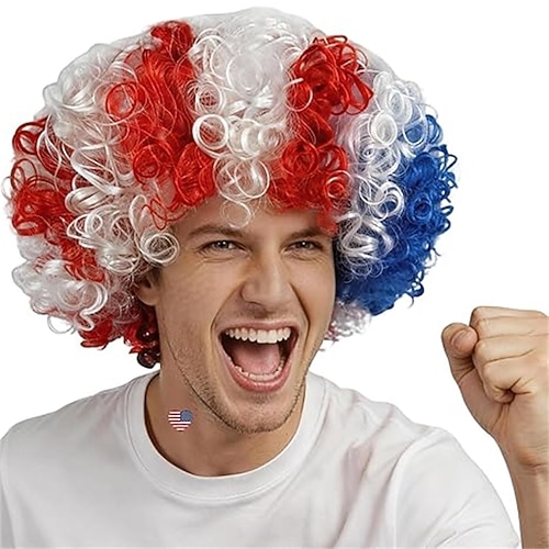 Afro-Perücke für die Fußball-Weltmeisterschaft 2026, blau-weiße lockige Afro-Perücke mit Nationalflaggenmuster für Damen und Herren, ideal für Fans, Kostüme und Partys. Image