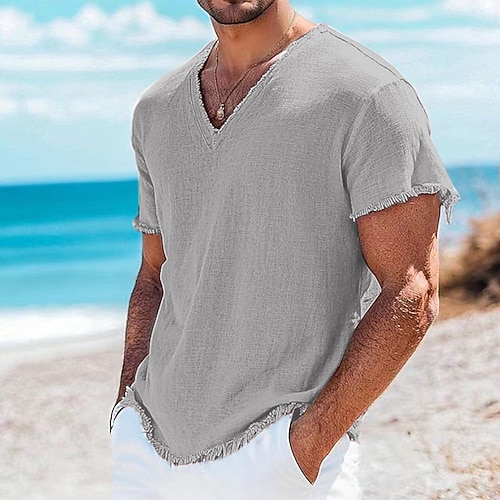 Herren T-Shirt Leinen-T-Shirt Kurze Ärmel V Ausschnitt Sommer Einfach Mode Designer Basic Weich Strand Urlaub Alltagstauglich Hellblau Schwarz Weiß Top T-Shirt für Herren Image