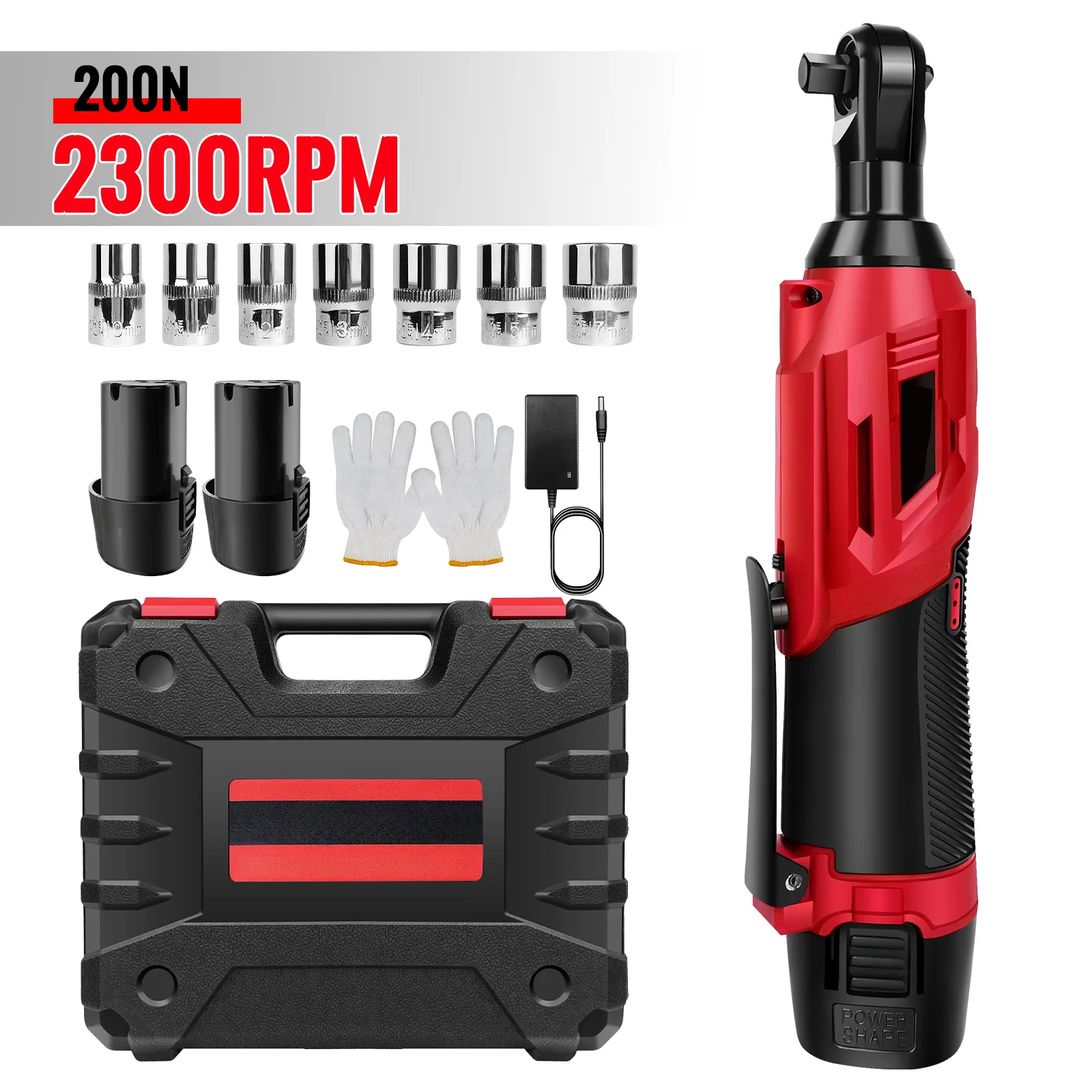 3/8 kabelloser elektrischer Ratschenschlüssel, 12 V Power-Ratschengerät 200 NM mit 2 x 1300 mAh-Batterien 90 ° Winkelschlüssel, 7 Stück Steckdosen Image