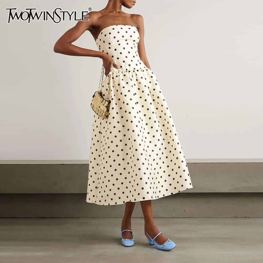 TWOTWINSTYLE Schlank Patchwork Welle Punkt Elegante Kleider für Frauen Square Neck Ärmellose Hohe Taille Kleid Weibliche Image