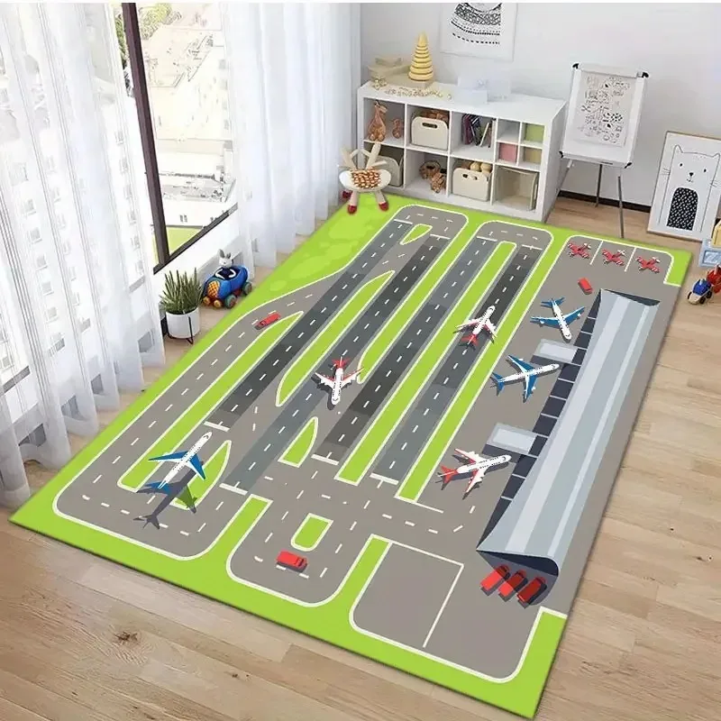 Teppich mit Luftfahrt-Motiv, Flughafen-Spielteppich, interaktive Lernmatte, Boden-Fußmatte für Kinder, Spielzimmer, Schlafzimmer, Kinderzimmer, Dekoration, Emtrance