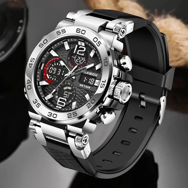 FOXBOX Business Uhr Männer Mode Militär Sport männer Digitale Uhr Silikon Wasserdicht Leucht LED Chronograph Uhr Männlich Image