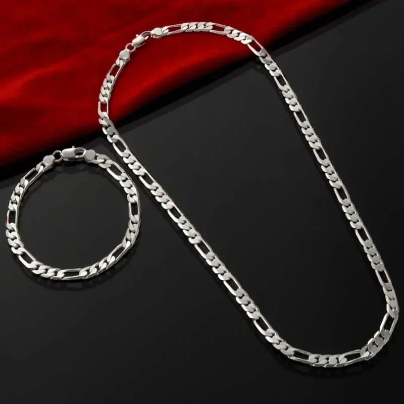 Collana con bracciale a catena Figaro da uomo in argento sterling 925 da 4 mm 16-30 pollici per donna Coppia di moda regalo di Natale Set di gioielli 2 pezzi