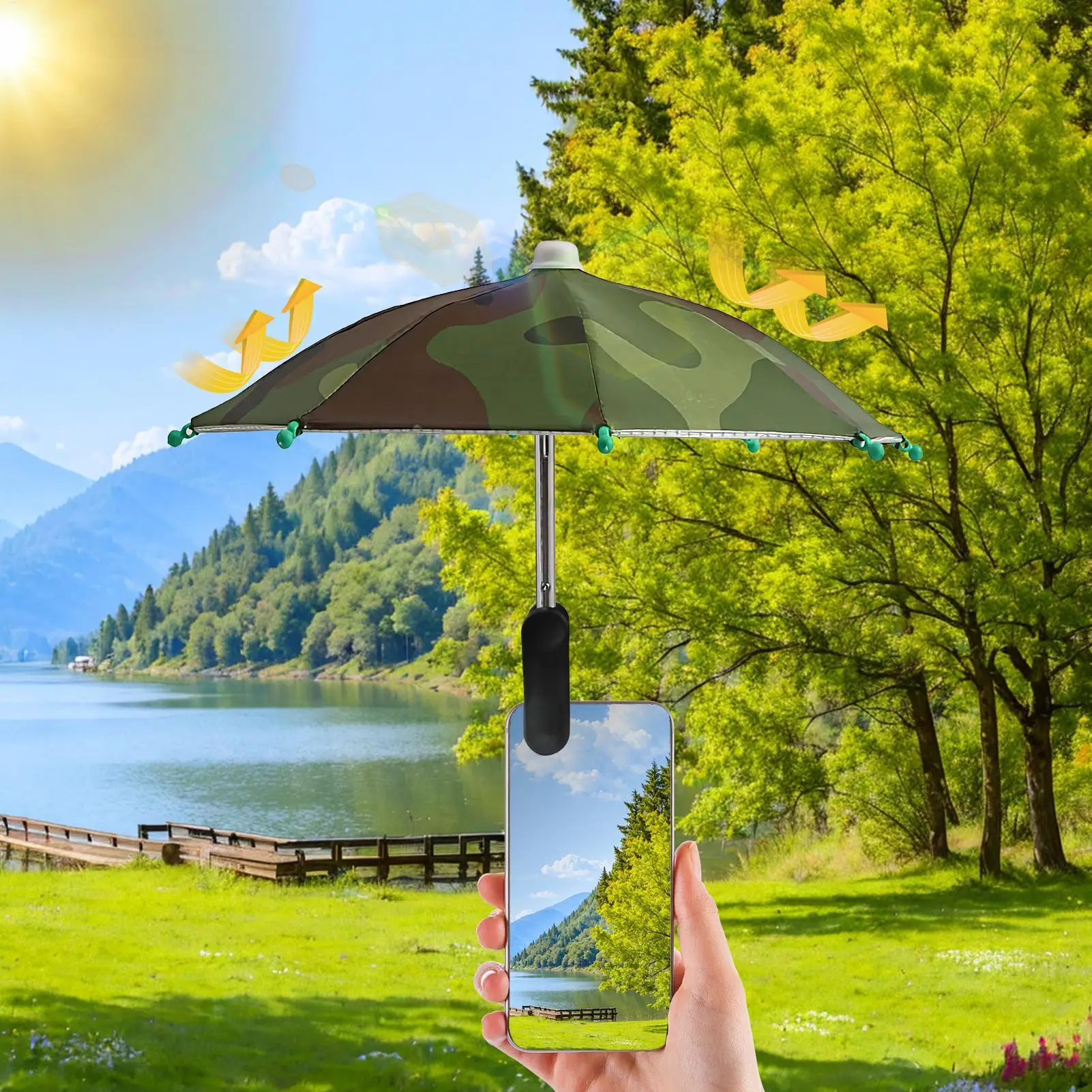 Parapluie pour téléphone portable, protection solaire UV, parapluie pour téléphone avec clip, anti-reflet, imperméable, accessoires pour téléphone portable pour les voyages et le camping