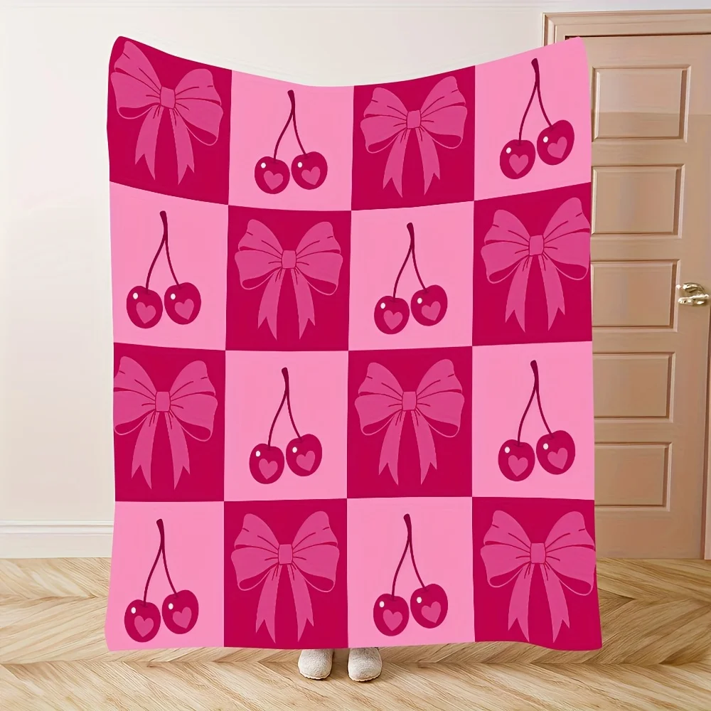 Rosa Flanelldecke mit Kirschschschleife – weich, warm, waschbar | Gesteppte Cartoon-Haus- und Geschenkdekoration Image