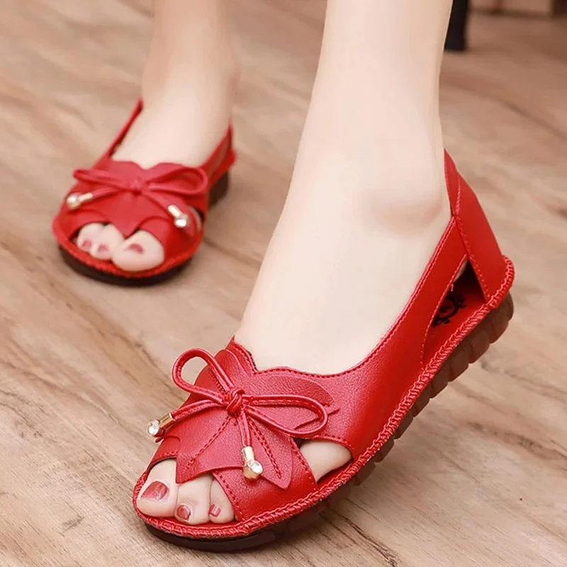 Lorilury Rot Bowtie Peep Toe Sommer Sandalen Frauen Atmungsaktive Leder Mokassin Weiblich Damen Keile Elegante Schuhe Große Größe 41 42