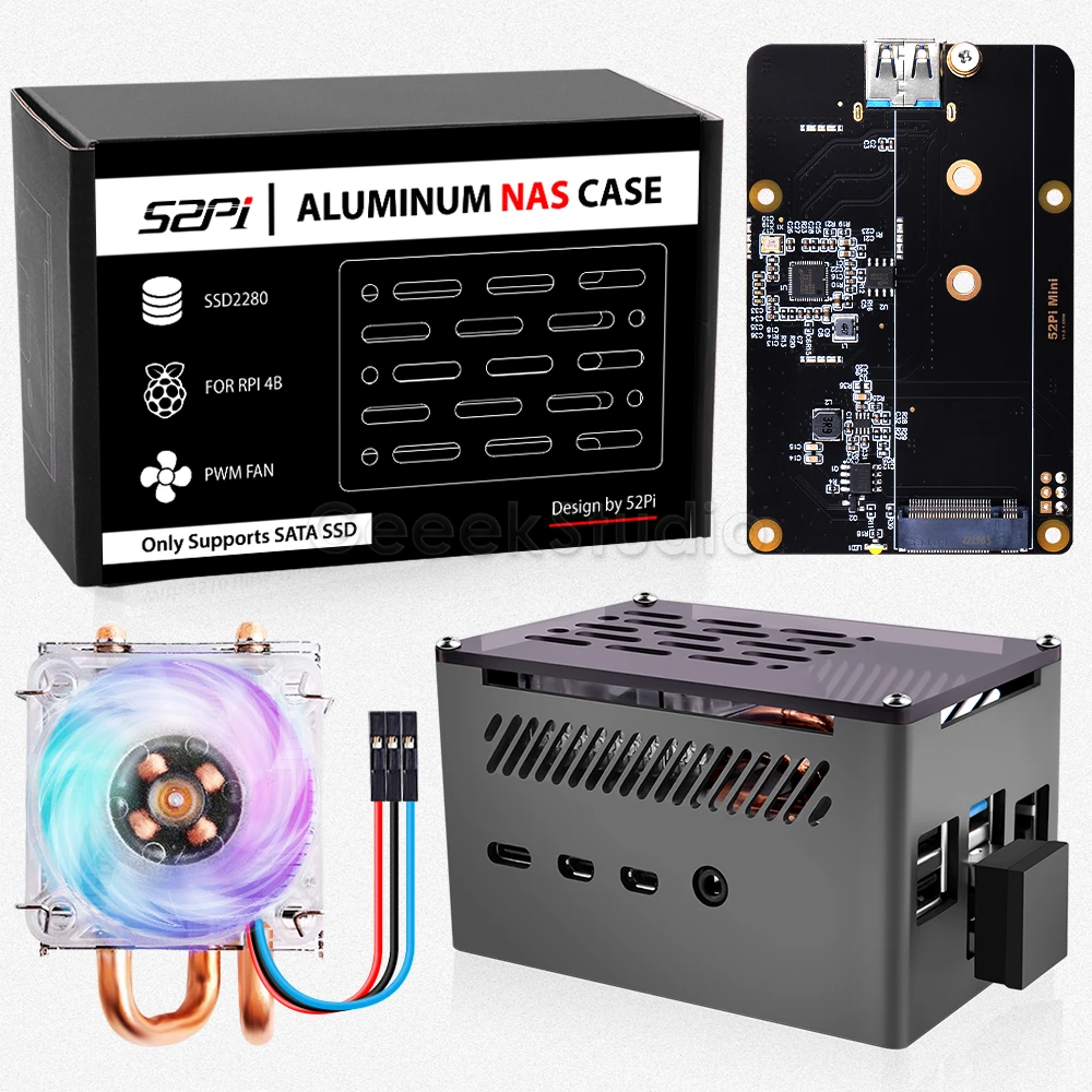 Raspberry Pi 4 Modell B Aluminium-Brick-Nasa-Gehäuse, schwarzes Verschlussschale mit 4010 Eisturm-Lüfter, M.2 SATA SSD für RPI 4B Image