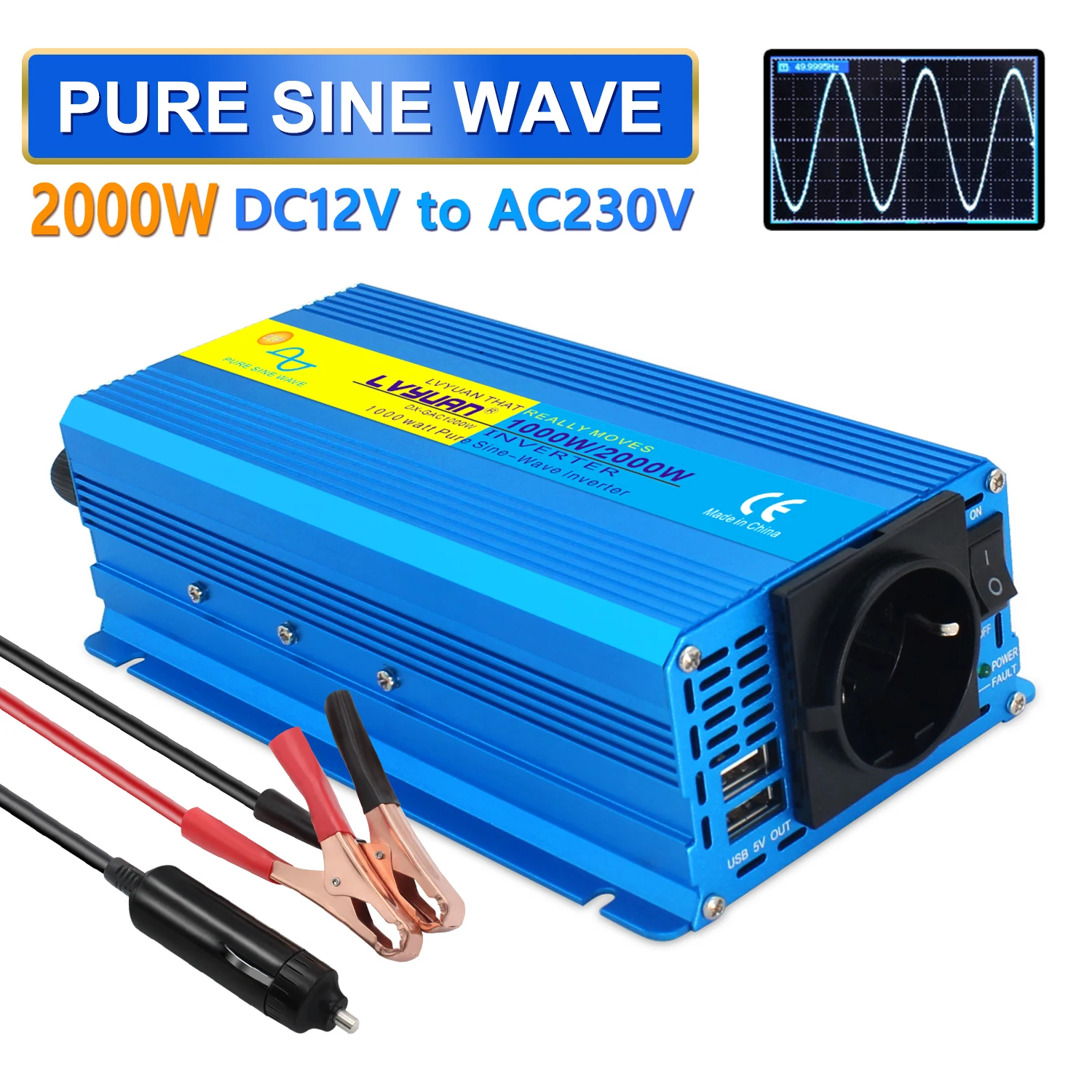 Convertisseur d'ondes sinusoïdales pures LVYUAN, DC 2V/24V vers AC 230V, prise EU avec USB, convertisseur d'alimentation 1000W/1200W/2000W, appareil électroménager