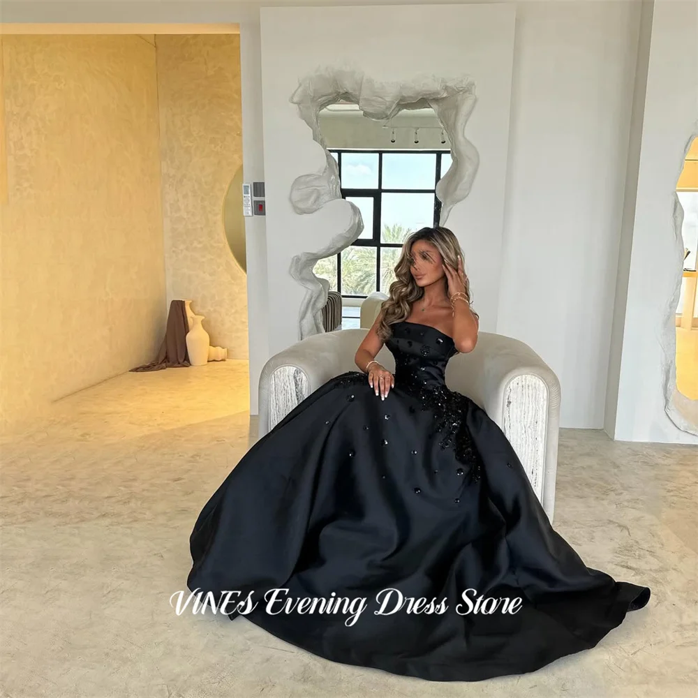 VINES Black Elegant Prom Dress Strapless A Line Celebrity Dress with Beaded Appliques Women's Evening Dress for Gala Customized