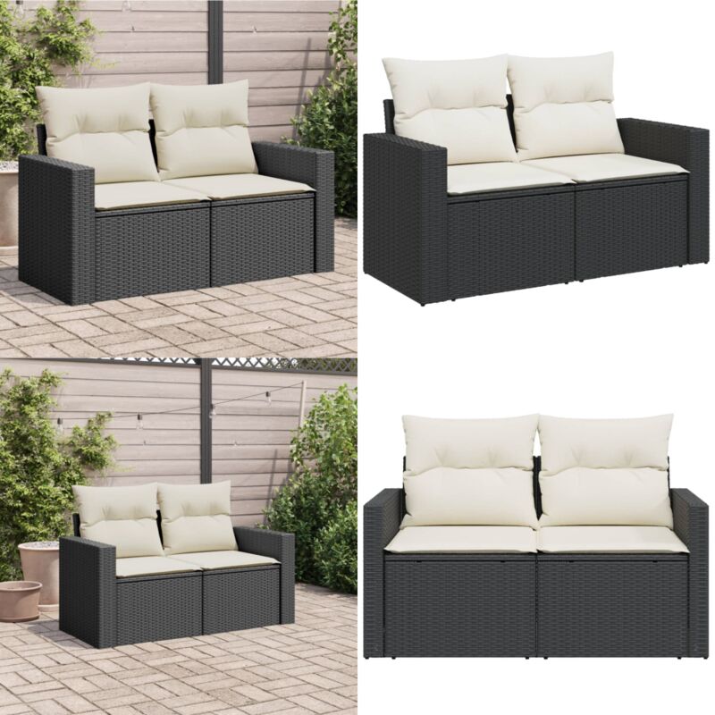 Divano Da Giardino Con Cuscini A 2 Posti Nero In Polyrattan - Seduta Esterna - Cuscini Per Divano