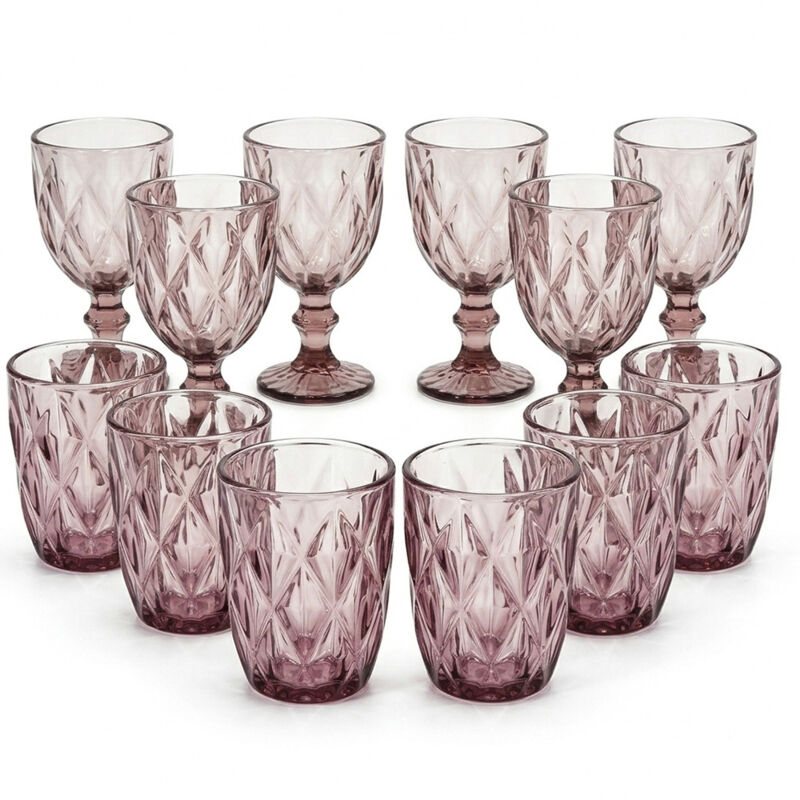 Set 12 Bicchieri Rosa Crystal Pink 6 Calici Con Piede 26 Cl E 6 Bicchieri 29 Cl In Pasta Di Vetro Con Design Diamante Per Acqua E Vino Ideale Per Casa E Ristoranti Eleganti Di Stile