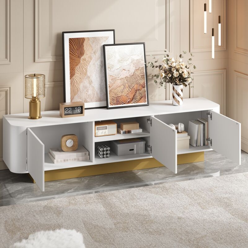 Mobile Tv Con 3 Ante E Ripiano Regolabile, Gestione Cavi, Design Arrotondato, 170×40,5×47 Cm, In Mdf E Pannello Truciolare, Bianco