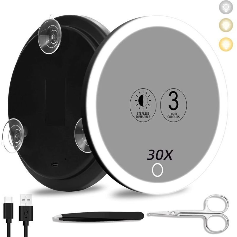 Specchio Ingranditore Kzq 30x Con Luce, Grande Specchio Da 15 Cm A 3 Colori Con Illuminazione Soffusa 30x Con 3 Ventose, Specchio Da Viaggio Ingranditore 30x, Specchio Per Il Trucco Ad Alta Definizion