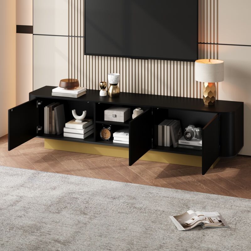 Mobile Tv Con 3 Ante E Ripiano Regolabile, Passacavi, Design Moderno Arrotondato, In Mdf E Truciolare, Nero, 170×40,5×47 Cm