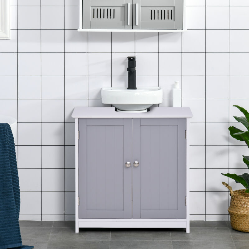 Mobile Sottolavabo A 2 Ante Con Ripiano Regolabile, Armadietto Bagno Salvaspazio Con Intaglio A U, 60x30x60 Cm, Bianco E Grigio
