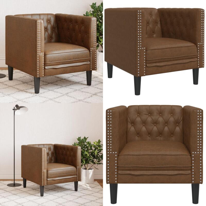 Poltrona Chesterfield Marrone In Similpelle Scamosciata - Poltrona In Similpelle - Poltrona In Pelle Sintetica