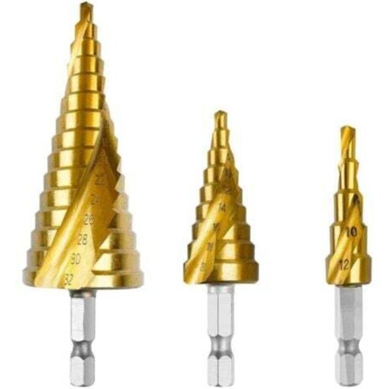 Set Di 3 Punte Da Trapano A Gradini, Punte Coniche Hss Da 4-12 Mm/4-20 Mm/4-32 Mm Con Rivestimento In Titanio, Punte Da Trapano In Acciaio A Doppia Fessura, Punte Da Trapano A Gradini Con Gambo Esagon